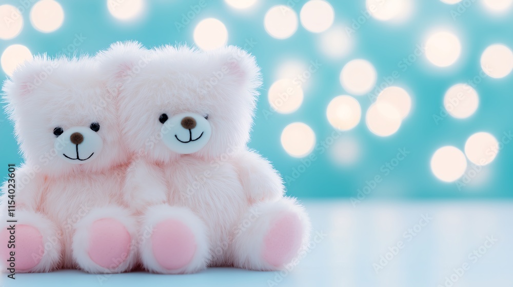 Fototapeta premium Two cute pink teddy bears sit close together against a serene blue background, creating a charming and heartwarming atmosphere perfect for evoking feelings of love and friendship.