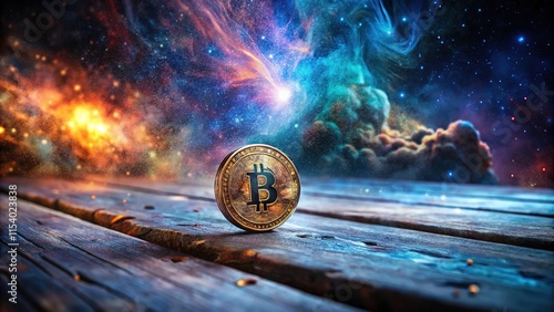 A fantastical Bitcoin, digital art, sits on an unreal table.  Cryptocurrency's dream. photo