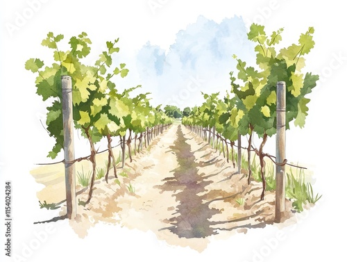 Watercolor Illustration of a Grapevine Row with Sunlight and Shadows
