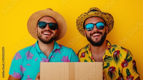 Two joyful friends wearing vibrant shirts and hats stand against a bright yellow background, holding a cardboard box. Their smiles radiate positivity and excitement. photo