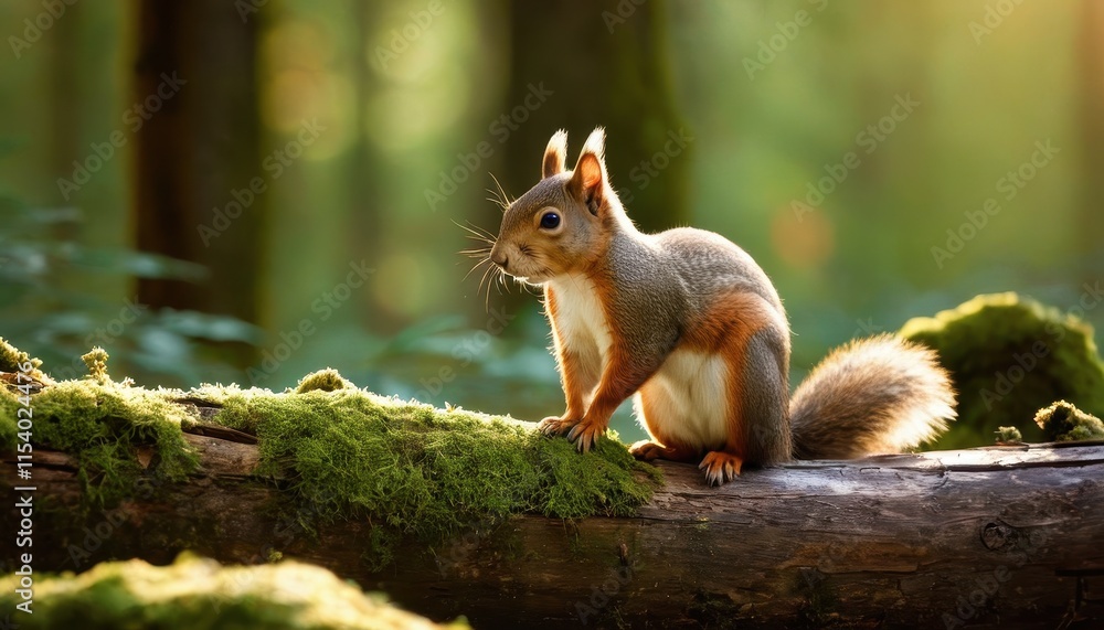 A vibrant squirrel enjoying the tranquility of a forest, its fluffy tail and delicate features blending harmoniously with the mossy log and soft golden light A vibrant squirrel enjoying the tranquility of a forest, its fluffy tail and delicate features blending harmoniously with the mossy log and soft golden light