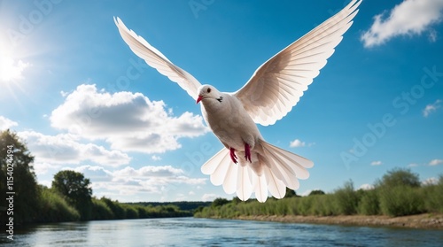 Dove descending gracefully towards a tranquil river, clear blue sky with soft clouds, peaceful and spiritual mood
