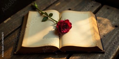 Fototapeta Naklejka Na Ścianę i Meble -  A single crimson rose elegantly rests atop the aged pages of an open antique book, bathed in warm sunlight on a rustic wooden surface.