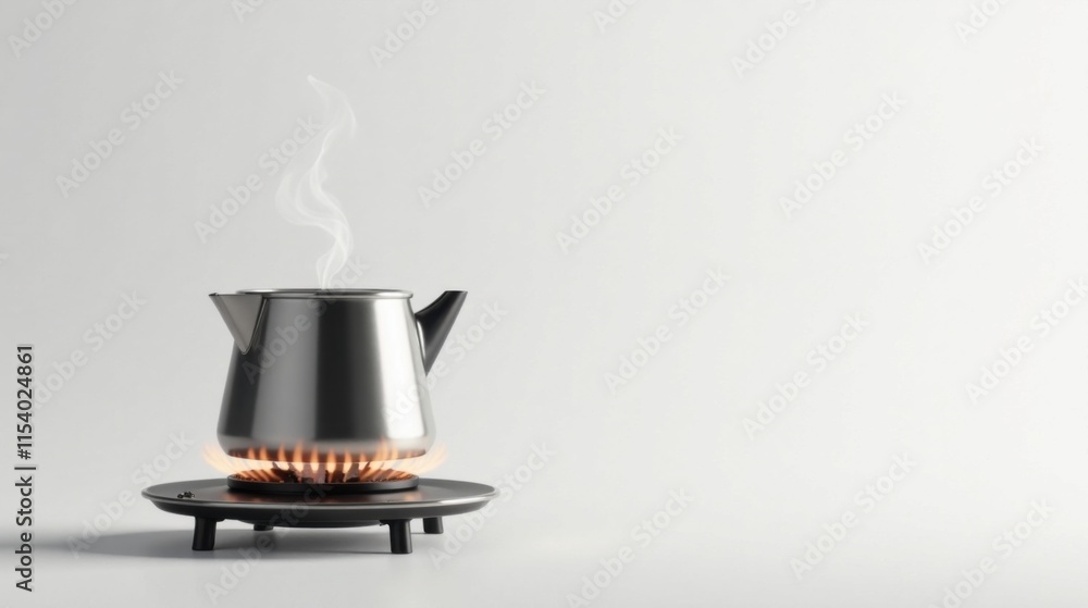 A gleaming metallic teapot sits atop a modern burner, emitting a gentle plume of steam, a tranquil scene suggesting warmth and comfort. A gleaming metallic teapot sits atop a modern burner, emitting a gentle plume of steam, a tranquil scene suggesting warmth and comfort.