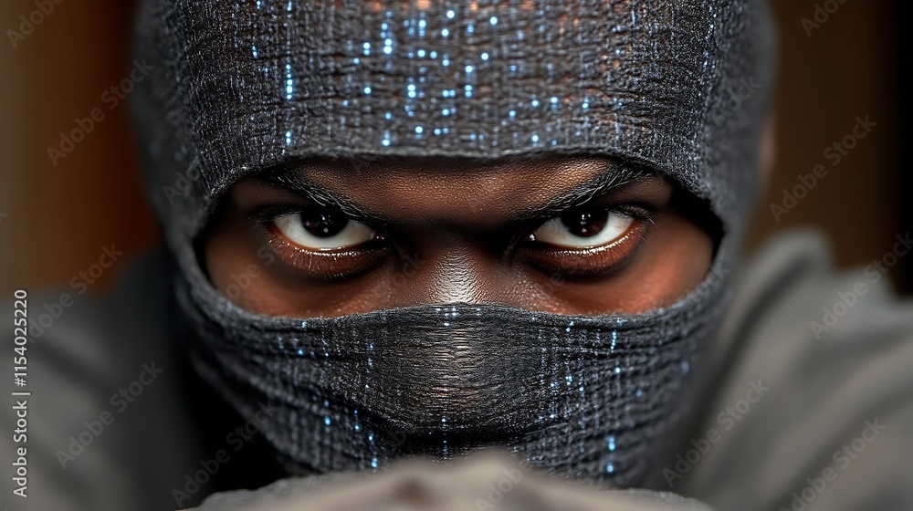 Close-up portrait of a man wearing a balaclava, intense gaze. Close-up portrait of a man wearing a balaclava, intense gaze.