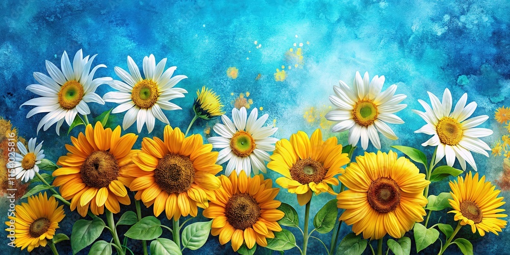 Obraz premium AI art: Watercolored daisies and sunflowers; golden accents, a blue backdrop, Rule of Thirds.
