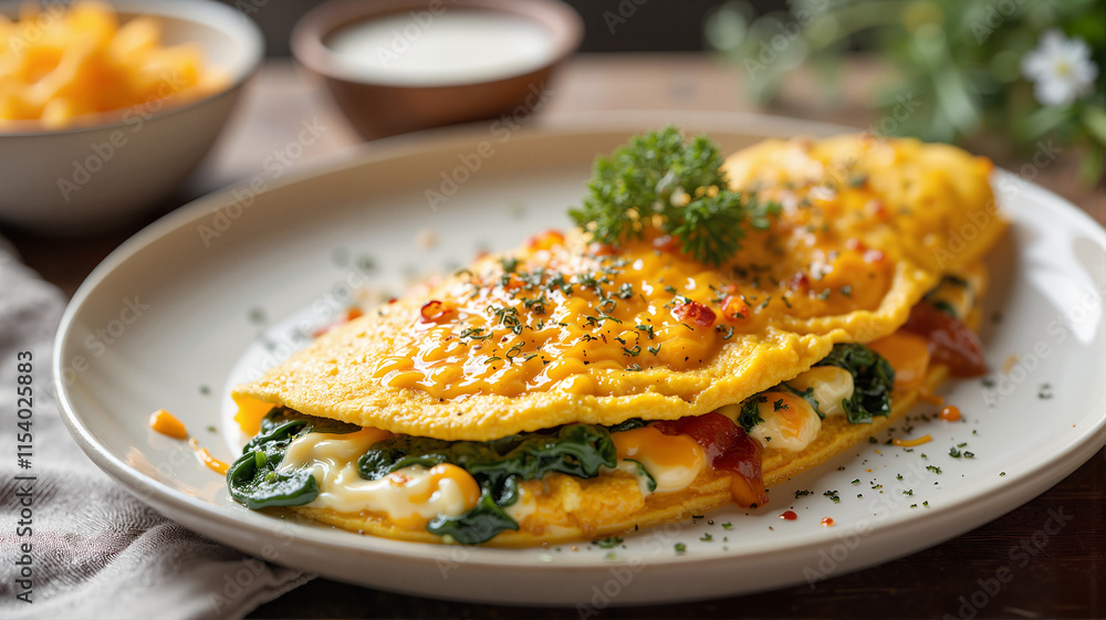 Keto omelette with spinach and cheese on a beige plate in a cozy setting Keto omelette with spinach and cheese on a beige plate in a cozy setting