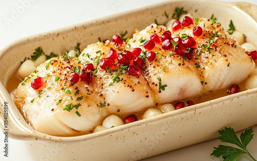 Delicious baked fish with pomegranate and herbs, served in a dish. photo