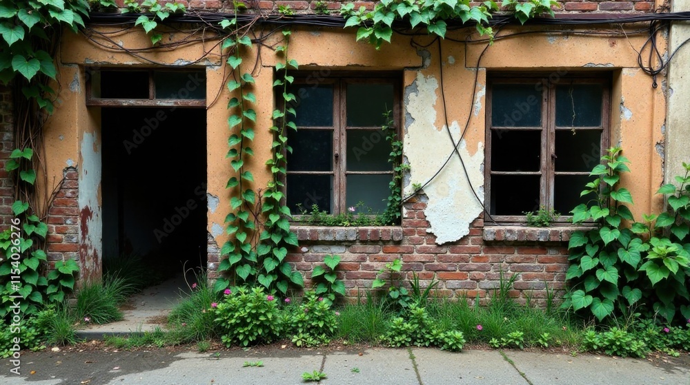 Overgrown Brick Building with Vines and Open Doorway Overgrown Brick Building with Vines and Open Doorway