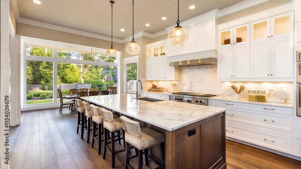 Fototapeta premium Modern Luxury Kitchen with an Island, Marble Countertop, and Garden View. AI generated illustration