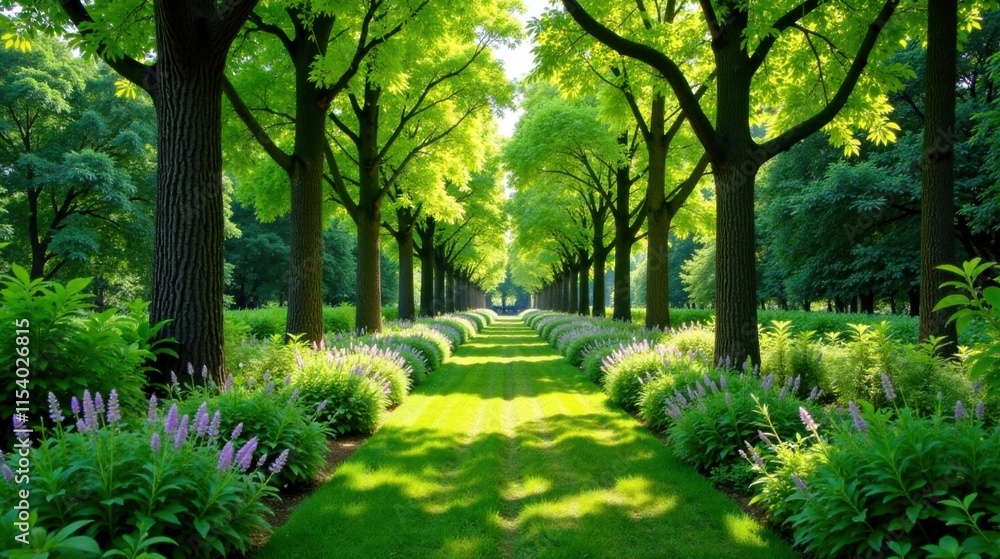 Naklejka premium Serene Pathway Through a Lush, Sun-Drenched Garden with Vibrant Blooms and Towering Trees