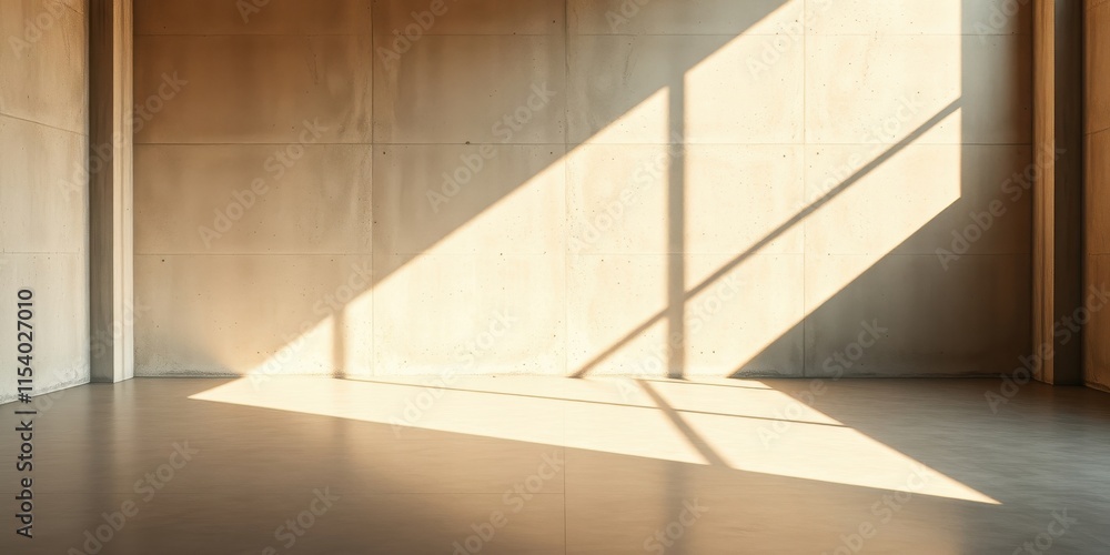 Fototapeta premium Empty Room with Sunlight Streaming Through Windows and Casting Diagonal Shadows on Concrete Walls and Floor
