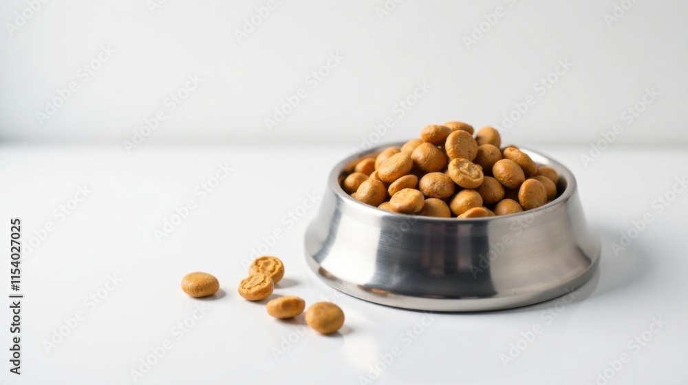 A stainless steel pet bowl filled with crunchy, golden-brown biscuits, a few spilled treats scattered nearby on a bright white surface. A stainless steel pet bowl filled with crunchy, golden-brown biscuits, a few spilled treats scattered nearby on a bright white surface.