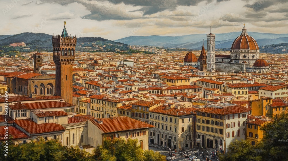 Fototapeta premium Cityscapes blend modernity and history.