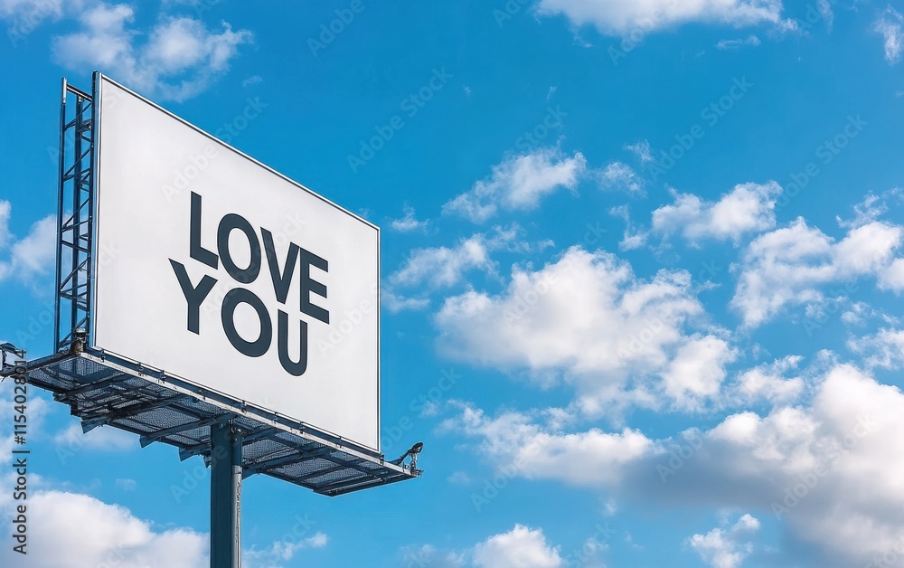 A large, clean white billboard with bold black text reading A large, clean white billboard with bold black text reading