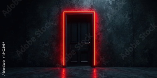 Mysterious Black Doorway Illuminated by Vibrant Red Neon Frame in a Dark Room