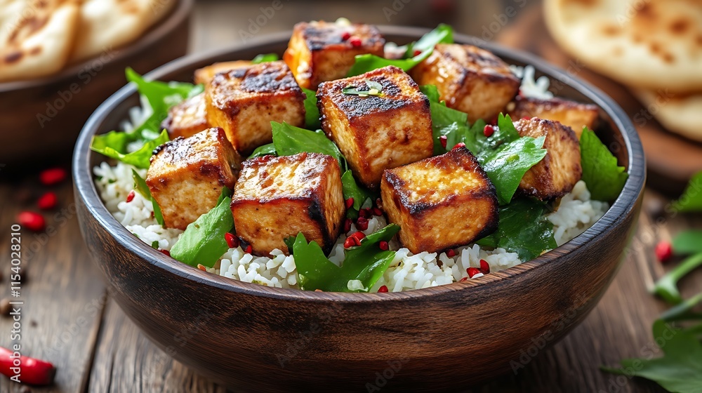 Pan-fried tofu cubes with rice and spinach in a wooden bowl. Pan-fried tofu cubes with rice and spinach in a wooden bowl.