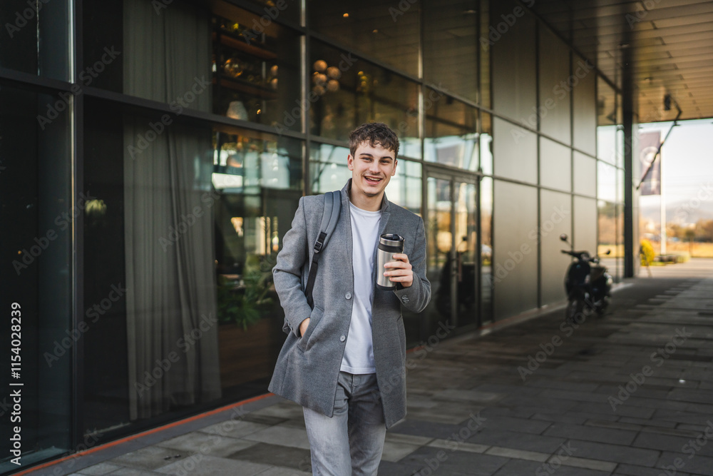 Fototapeta premium man drink coffee while go to break from work around modern buildings