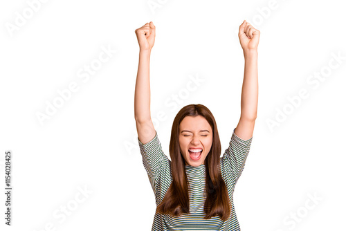 Photo of excited encouraged girl having finally divorced with her bad husband while isolated with yellow background