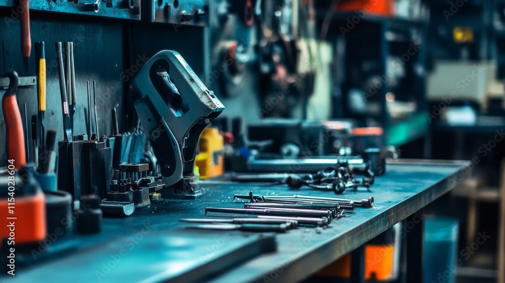 A well-organized metalworking bench in an industrial workshop, Metalworking tools and materials neatly arranged, Robust craft style A well-organized metalworking bench in an industrial workshop, Metalworking tools and materials neatly arranged, Robust craft style