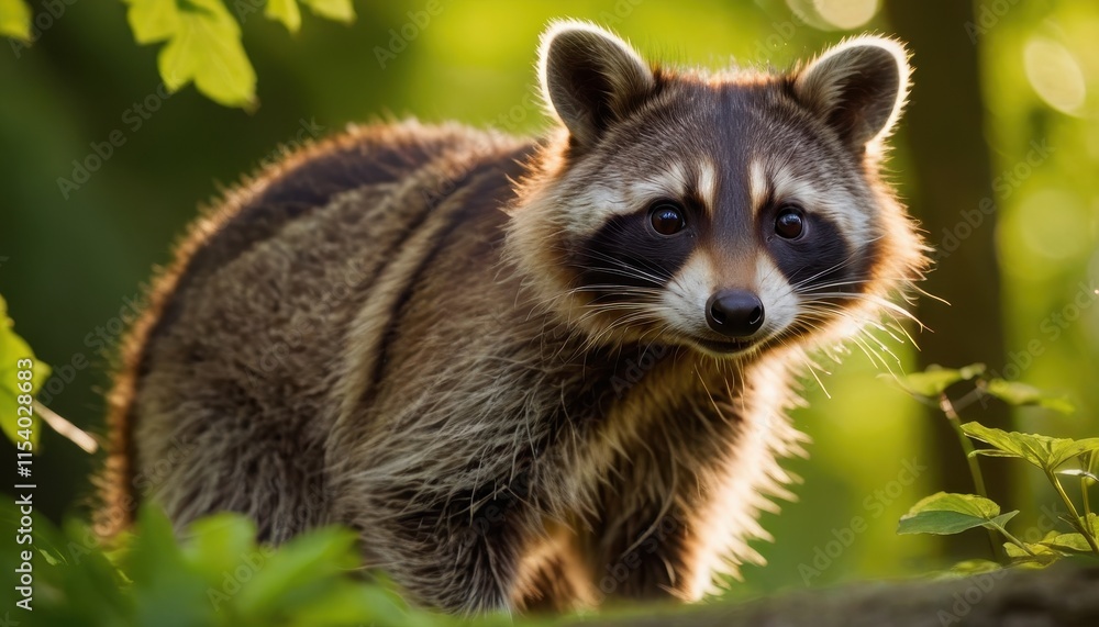 Close-up of an adorable raccoon exploring vibrant greenery in a serene forest. The sunlight highlights its fur and iconic mask, embodying wildlife beauty Close-up of an adorable raccoon exploring vibrant greenery in a serene forest. The sunlight highlights its fur and iconic mask, embodying wildlife beauty