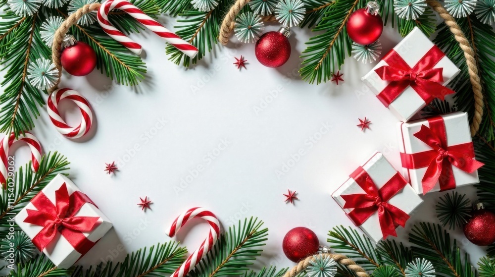 A Festive Holiday Scene with Evergreen Branches, Candy Canes, and Beautifully Wrapped Presents A Festive Holiday Scene with Evergreen Branches, Candy Canes, and Beautifully Wrapped Presents