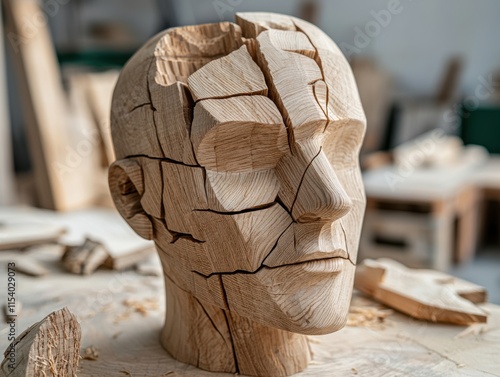 Intricate Wood Sculpture of a Broken Headform Showcasing the Art of Carving and Craftsmanship in a Workshop Setting with Natural Textures photo