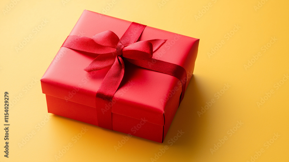 Fototapeta premium red gift box with red ribbon on yellow background