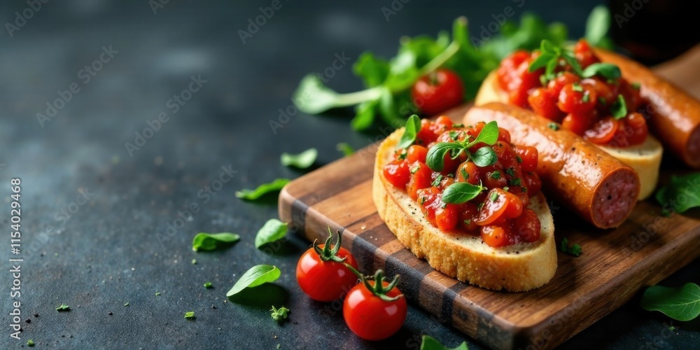 Savory Sausage and Tomato Bruschetta Topped with Fresh Herbs on Rustic Wooden Board Savory Sausage and Tomato Bruschetta Topped with Fresh Herbs on Rustic Wooden Board