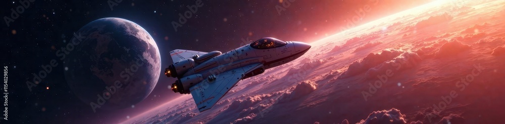 Obraz premium Advanced spacecraft in orbit, celestial bodies in backdrop , high tech, ship