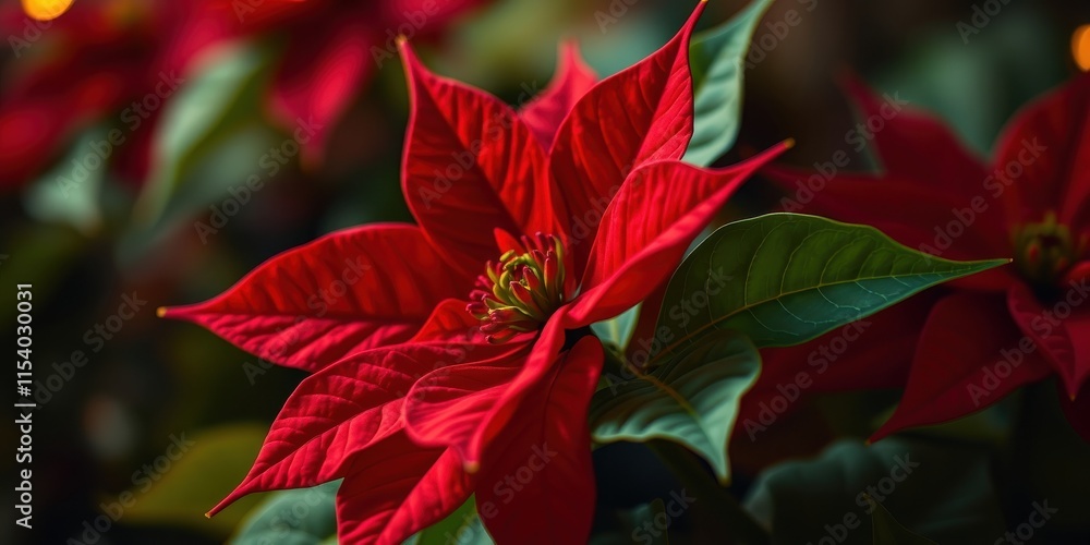 A vibrant close-up showcasing the intricate details of a single red poinsettia blossom, surrounded by lush green foliage. A vibrant close-up showcasing the intricate details of a single red poinsettia blossom, surrounded by lush green foliage.
