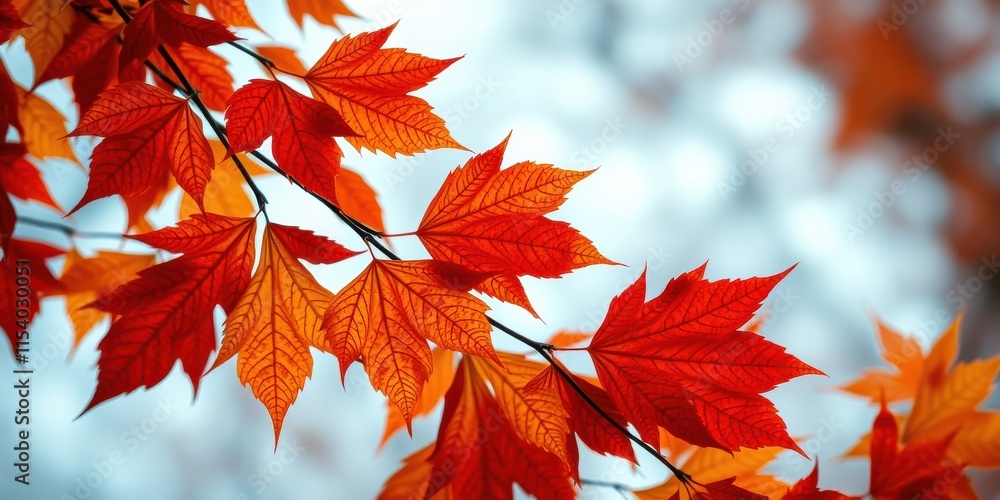 Vibrant Autumn Leaves on a Branch Displaying a Stunning Array of Red and Orange Hues Vibrant Autumn Leaves on a Branch Displaying a Stunning Array of Red and Orange Hues