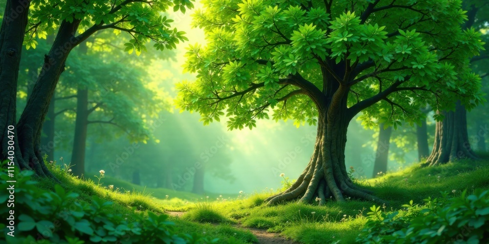 Obraz premium Serene Forest Path Sunlight Illuminates Lush Greenery, Ancient Tree Roots, and a Gentle Meadow Trail