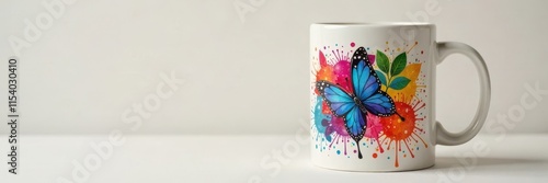 Close-up of vibrant mug design, white ceramic, drinkware, pottery