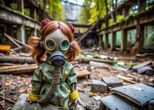 Deep-focus shot: abandoned Pripyat doll, gas mask. photo