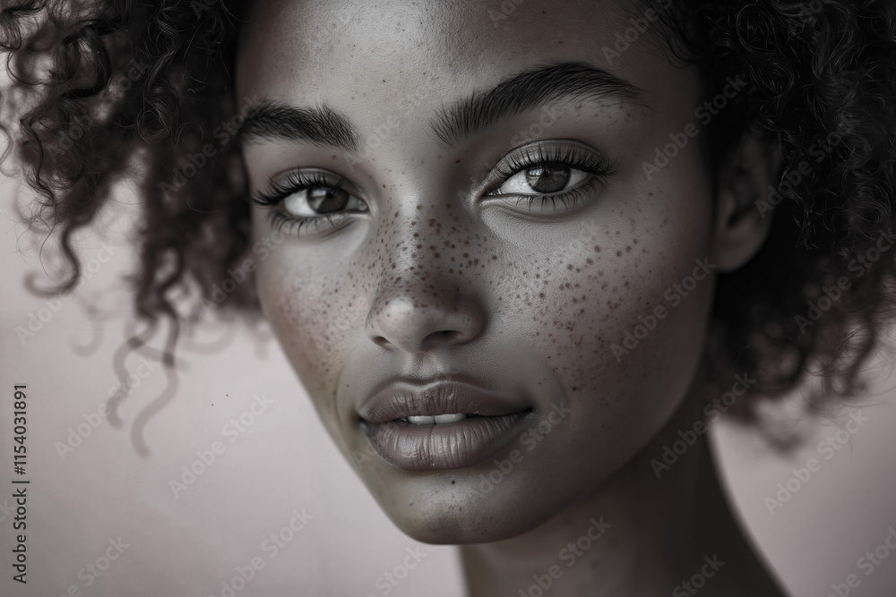 Fototapeta premium A woman with freckles on her face and curly hair