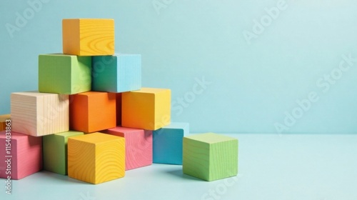 Pastel Wooden Blocks Arranged in a Pyramid Shape on a Light Blue Background