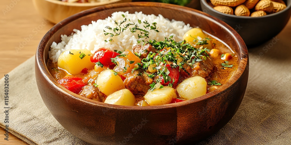 Delicious curry with rice in a wooden bowl, garnished with herbs. Delicious curry with rice in a wooden bowl, garnished with herbs.