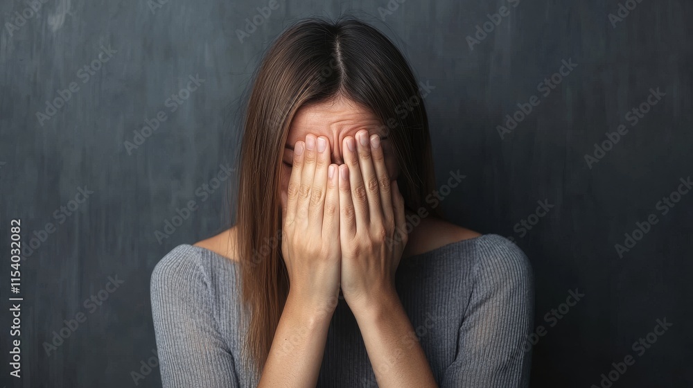 A woman covers her face with her hands, conveying a sense of distress or emotional struggle against a dark background. A woman covers her face with her hands, conveying a sense of distress or emotional struggle against a dark background.