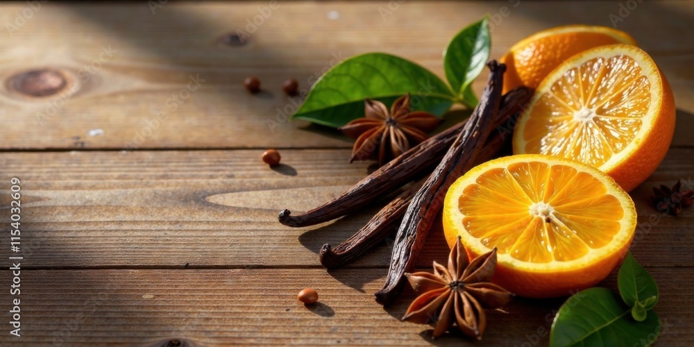 Sunlit Aromatic Spiced Citrus and Vanilla Beans Resting on Rustic Wooden Surface Sunlit Aromatic Spiced Citrus and Vanilla Beans Resting on Rustic Wooden Surface