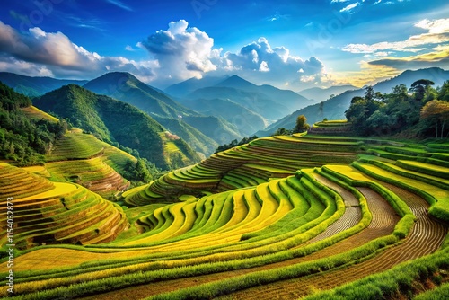 Epic mountain views framed by terraced rice paddies.