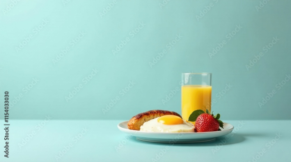 A delightful breakfast scene featuring a fried egg, a freshly baked pastry, a vibrant strawberry, and a glass of refreshing orange juice, all set against a serene light-blue backdrop. A delightful breakfast scene featuring a fried egg, a freshly baked pastry, a vibrant strawberry, and a glass of refreshing orange juice, all set against a serene light-blue backdrop.