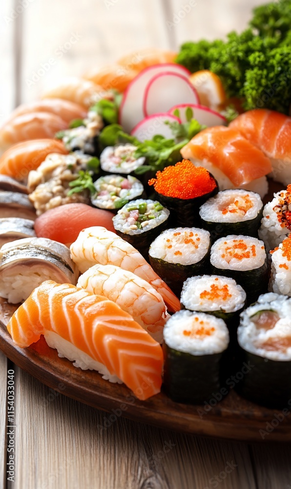Assorted sushi platter with salmon, shrimp, rolls, and vegetables. Assorted sushi platter with salmon, shrimp, rolls, and vegetables.
