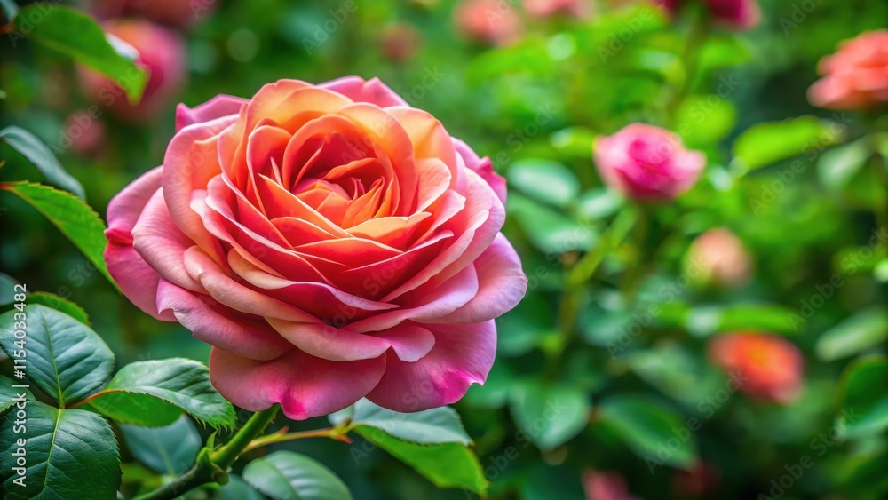 A beautiful rose flower in full bloom with lush green leaves framing it from all sides, creating a stunning visual display in the garden or indoor space, blossoms, leaf A beautiful rose flower in full bloom with lush green leaves framing it from all sides, creating a stunning visual display in the garden or indoor space, blossoms, leaf
