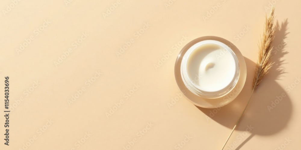 Creamy skincare jar with delicate dried plant on beige background, minimalist beauty product presentation Creamy skincare jar with delicate dried plant on beige background, minimalist beauty product presentation