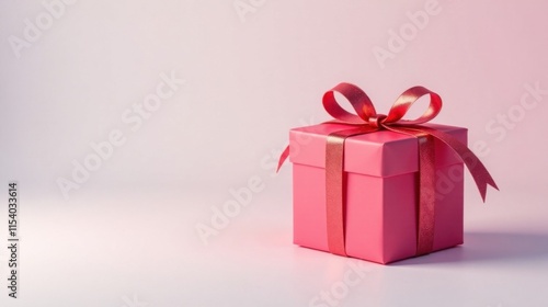 A Pink Gift Box with a Shiny Red Ribbon Bow on a Light Pink Background