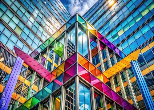 Geometric architectural photography featuring colorful arrow accents.