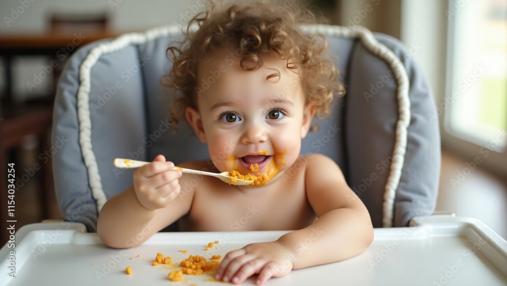 Adorable Baby Enjoying Messy Mealtime Adorable Baby Enjoying Messy Mealtime
