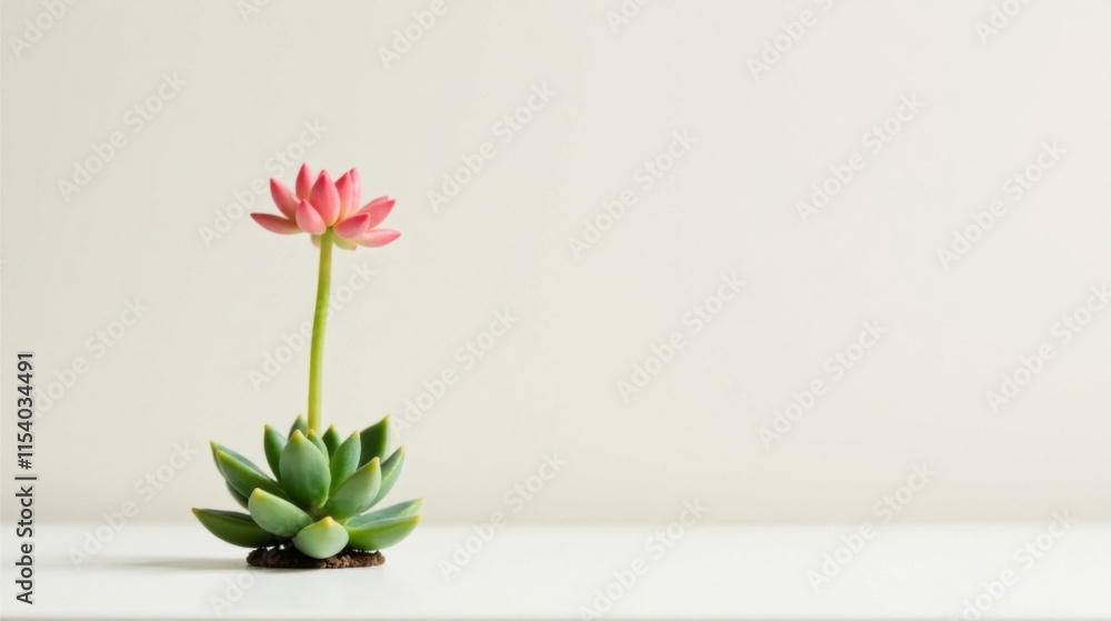 Fototapeta premium A Delicate Pink Flower Blooming Atop a Lush Green Succulent Plant on a Pristine White Surface