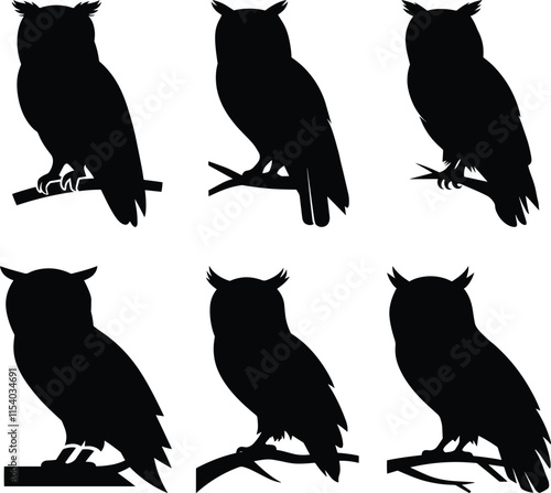 Solid Black Silhouette of an Owl, Minimalist Vector Illustration Isolated on White Background